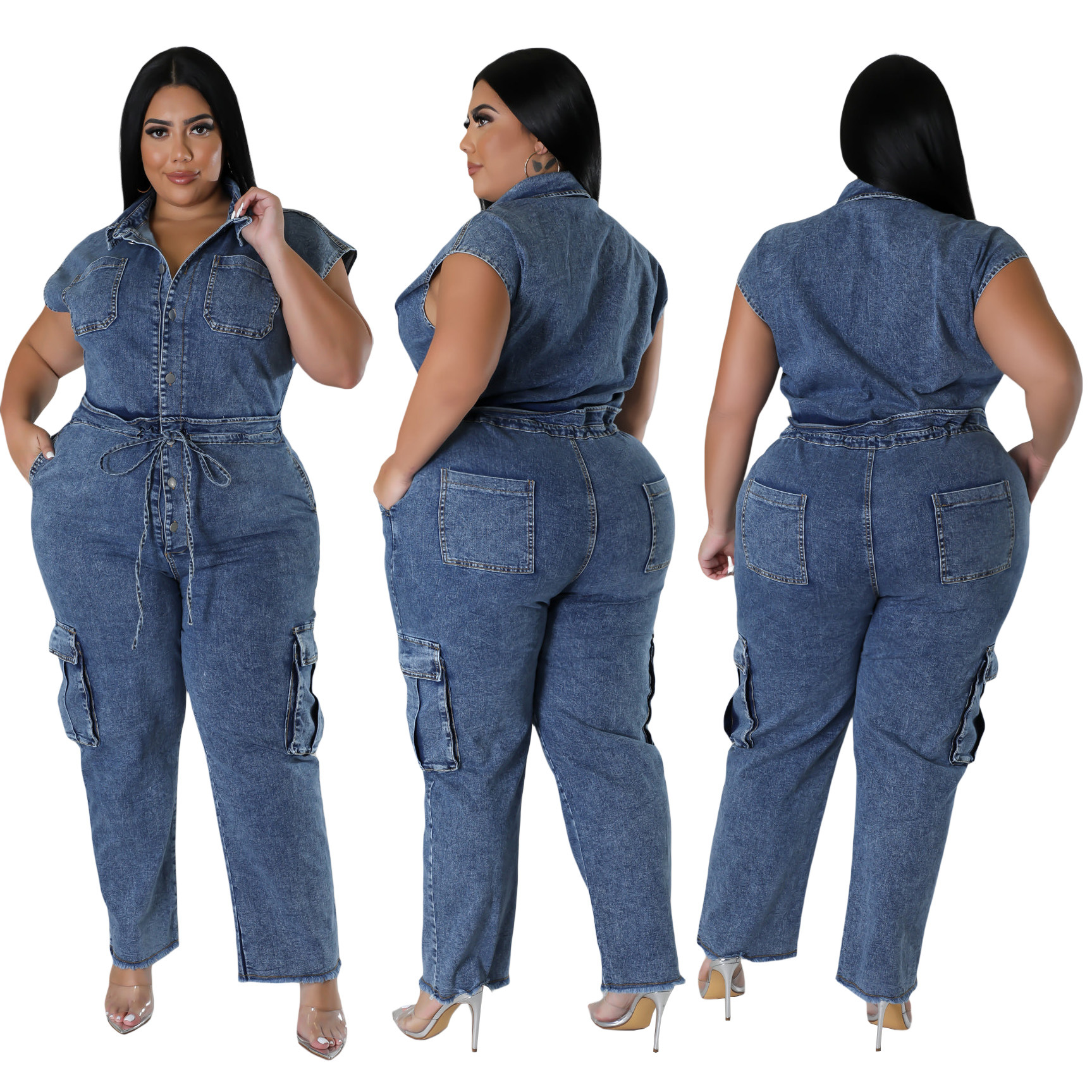 Women's Clothing 6983 tight waist slim elastic washed denim jumpsuit straight loose jumpsuit_voghion.com