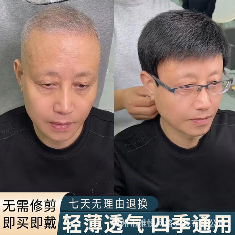 Wig Men's Full Head Cover Middle-aged and Elderly Short Hair Covering White Hair Real Hair Realistic Natural Men's Wig Breathable