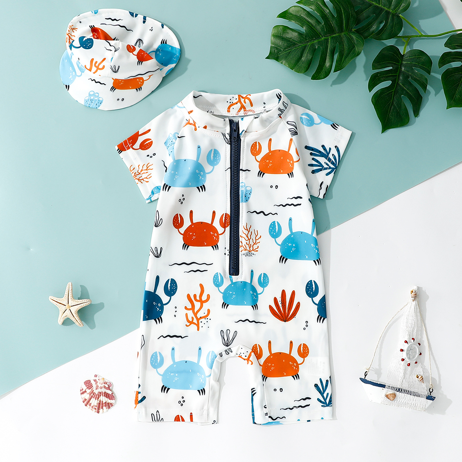 Children's Clothing Swimming Suit Short Sleeve Cartoon Pattern Full Print Zipper Children's Swimsuit Swimming Cap