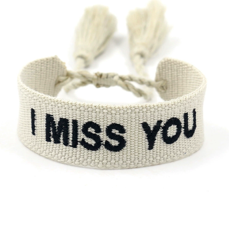 handmade woven bracelet, polyester, embroidered letters with tassels, adjustable (love)