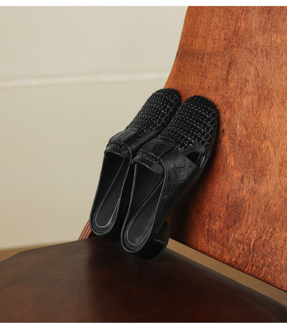 Sandal nữ quai chữ V mũi kín phong cách vintage gót thấp — đen chi tiết 18