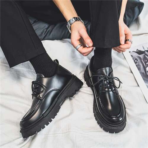 Men's Autumn/Winter New Black Round Toe Heeled Student Laced Leather Shoes Korean Style Blue Casual Shoes