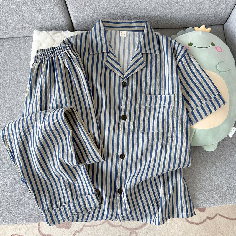 Verano hombre nube algodón corto y largo dos piezas conjunto de pijamas de moda simple con tapa cardigan ropa de hogar se puede usar fuera delgada