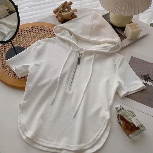 Summer Hooded Zip Short Sleeve T-Shirt for Women 2024 New Korean Style Fitted Short Length Hot Girl Pure Desire White Top Instagram