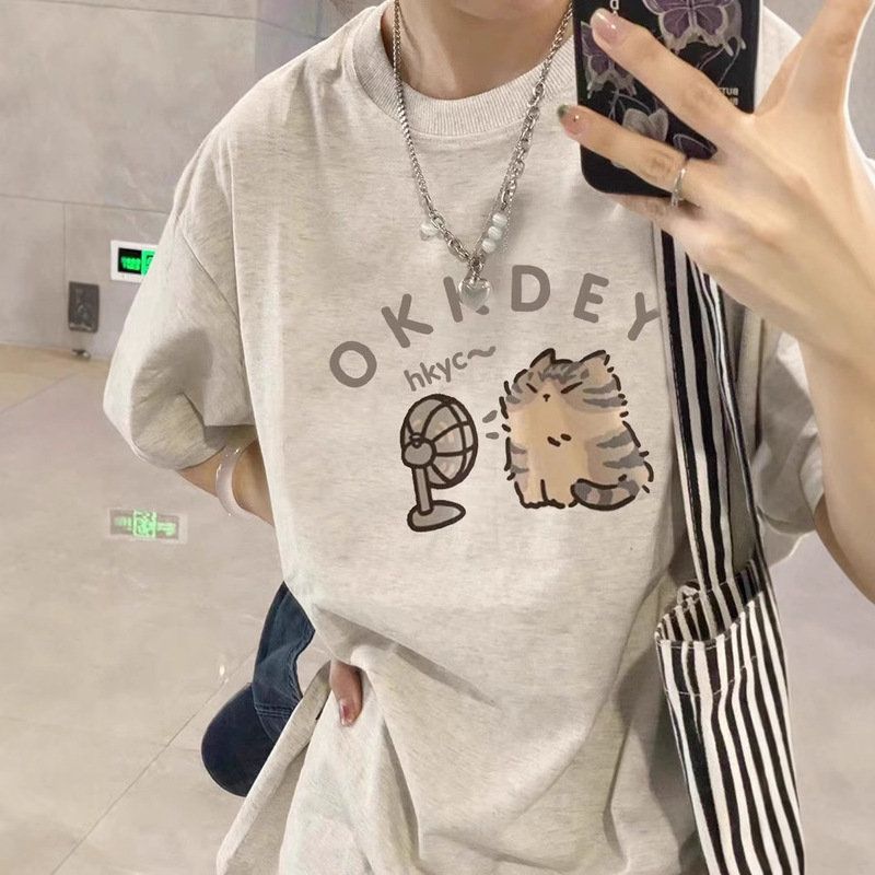 plus size chubby girl Cute Cat Grey Short-sleeved T-shirt Women's Summer New American Style Loose Cotton Half-sleeved T-shirt Top