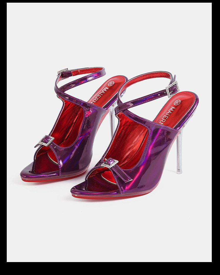Giày sandal cao gót nữ mũi nhọn da bóng quai ngang khóa cài gót siêu cao — Màu be, Màu bạc, Màu trắng, Màu tím chi tiết 12