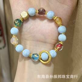 景区同款蓝色香灰瓷蓝瓷金箔琉璃手串轻奢小众设计跑环手链批发
