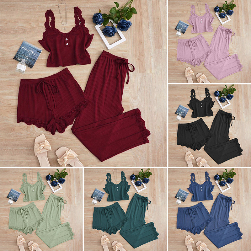 Cross-border lace edge three-piece set set camisole shorts pants nightgown women's slim fit home clothes