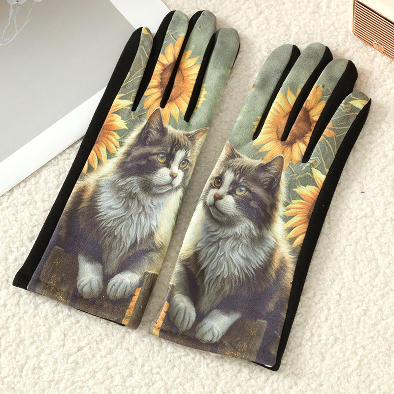 Gato lindo 3D pintura al óleo guantes de seda estilo japonés mujer invierno grueso guantes de calor al por mayor