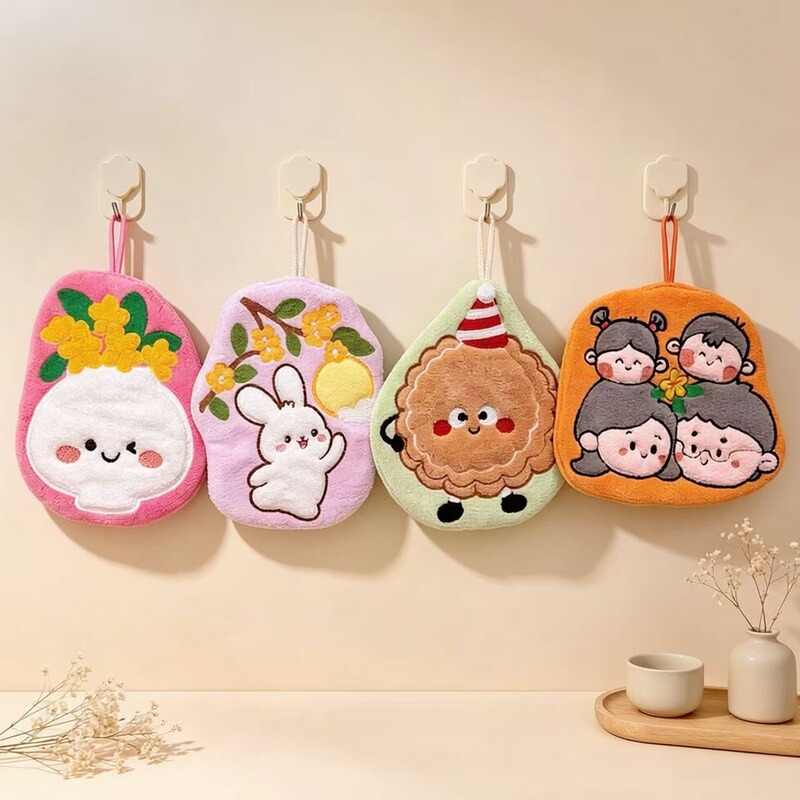 Mid-Autumn Mooncake Osmanthus Hand Towel for Kitchen and Bathroom, Hangable Coral Fleece, Thick, Absorbent, Cute Home Decorative Accessory