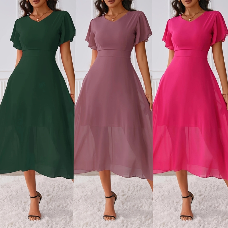 Independent Brand European and American Cross-Border Cinched Waist V-Neck Swing Dress for Women 2025 Spring/Summer Elegant Pleated Sleeve Chiffon Dress