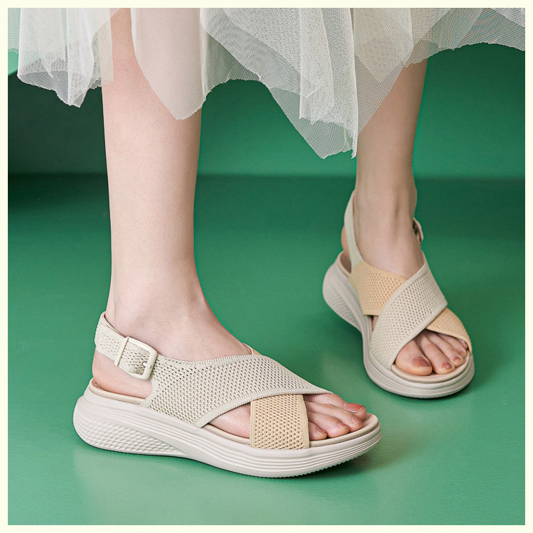 Sandal nữ quai chéo dệt kim phối dây rút, đế MD nhẹ êm — màu be, màu đen, xanh lam, màu hồng chi tiết 40