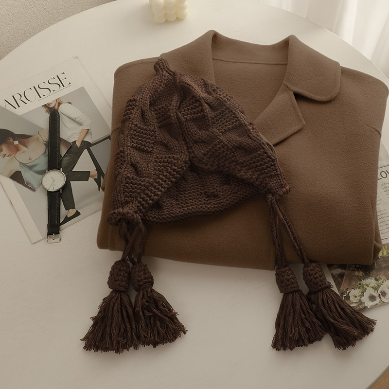 Pull à pompon en laine rouge pour enfants, chapeau de protection des oreilles tricoté à la main, rouge, pour le Nouvel An, Noël, hiver_voghion.com