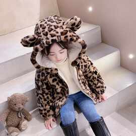 女童冬装外套2022新款儿童加绒加厚棉服豹纹洋气毛毛衣羊羔绒外套