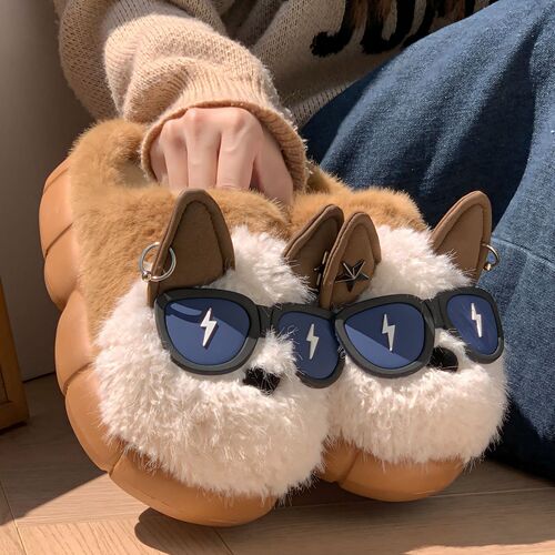 Lightning Dog Cotton Slippers for Men and Women, Winter Couple Home Slippers, Non-slip Cartoon Plush Slippers with Thick Soles, Winter