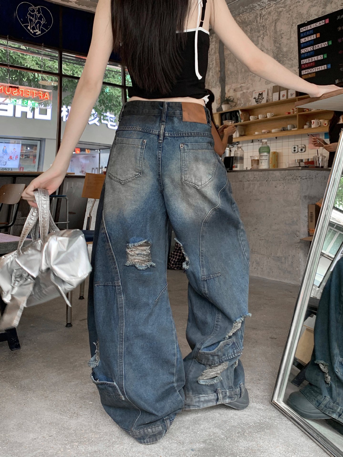 Real Shot of Plus-Size Washed Dirty Dyed Ripped Scimitar Jeans for Women, Street Style, Loose, Slimming, Wide-Leg Drapey Long Pants