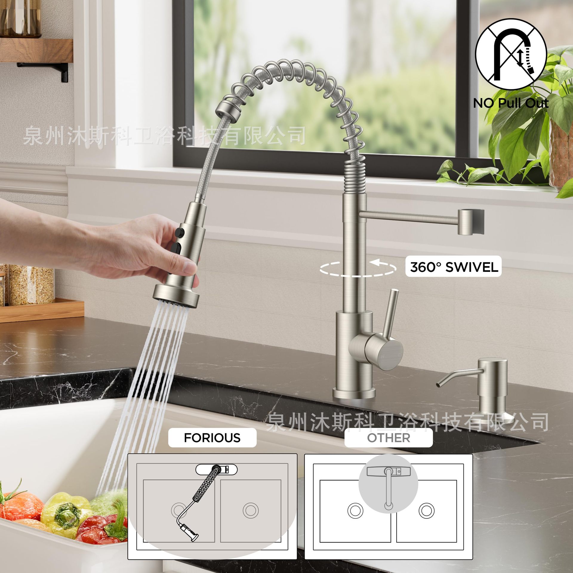 Grifo de Cocina Extensible de Acero Inoxidable con Agua Caliente y Fría y Doble Salida de Agua