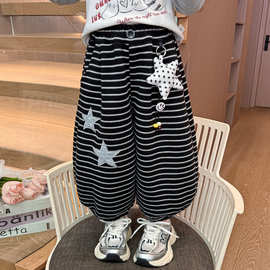 女童条纹裤子春秋装2026新款韩版儿童休闲长裤女宝宝宽松束脚卫裤