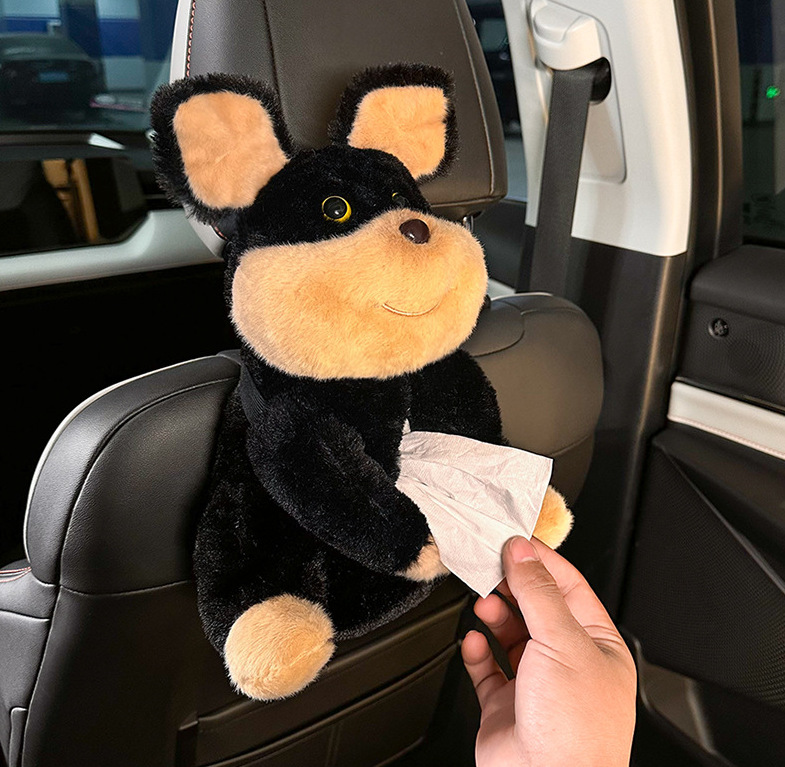 Automóvil encantador gato perro caja de toallas de dibujos animados muñeca coche colgante caja de extracción muñeca de peluche bolsa de toallas de papel
