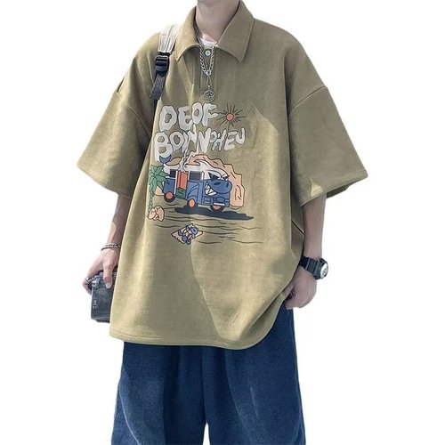 Men's American Streetwear Short Sleeve Polo Shirt Summer Fashion Heavyweight Retro Collar T-Shirt for Boys