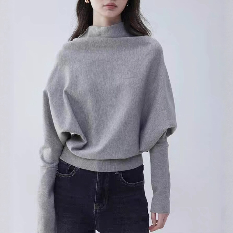 Mustard Pie 1Vooe Half Turtleneck Bat Sleeve Pullover Knitwear Women's Early Spring Pure Color Design Loose Top