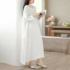 实拍 理感纯棉长袖宽松禅意长袍透气茶服长款连衣裙大