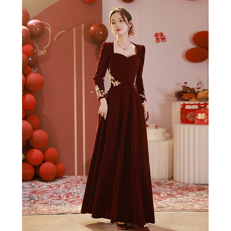 2026 New Style Bride Red Wedding High-End Engagement Dress Long-Sleeved Elegant Women's Long Dress for Spring