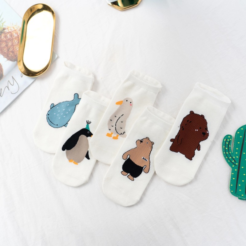 Cute Animal Print Girl's Invisible Boat Socks Summer Breathable Sweat-Absorbing Non-Slip Cotton Socks Academy Style White Fashionable Socks