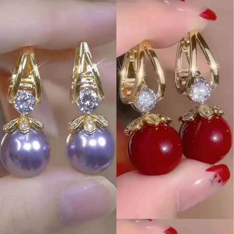 Luxury Elegant Diamond-encrusted Red Pearl Earrings Autumn and Winter Exquisite Elegant Atmospheric All-match Earrings French Earrings