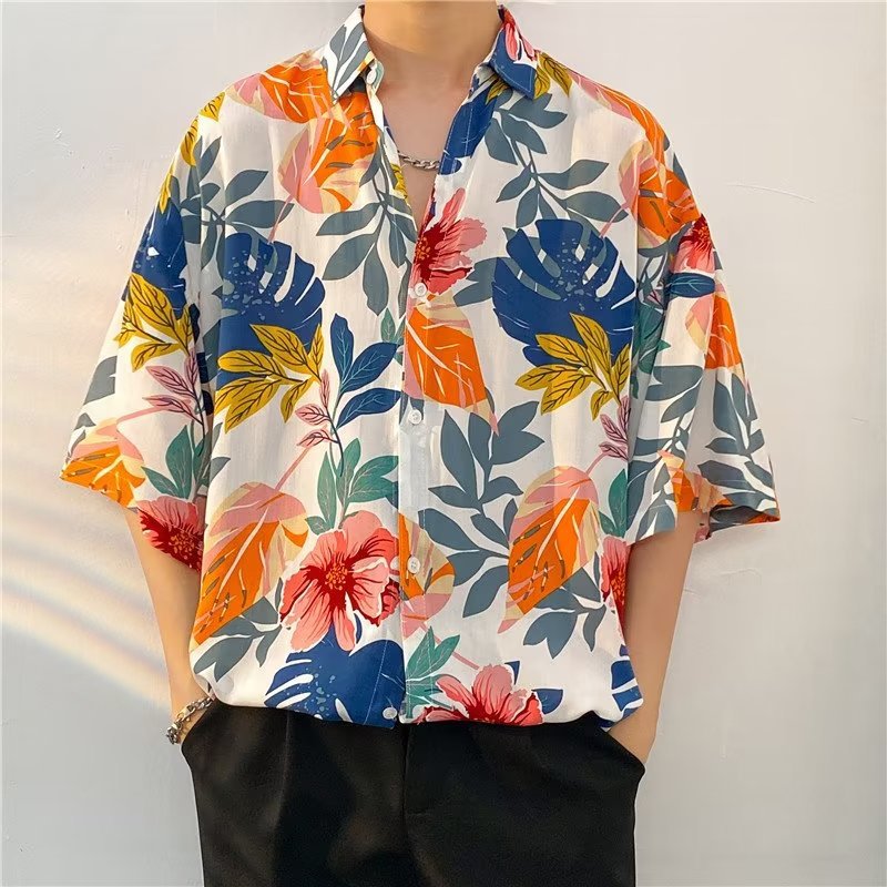 Japanese Hawaiian Cuban Collar Shirt Summer Vintage cityboy Boys Beach Casual Loose Half Sleeve Shirt