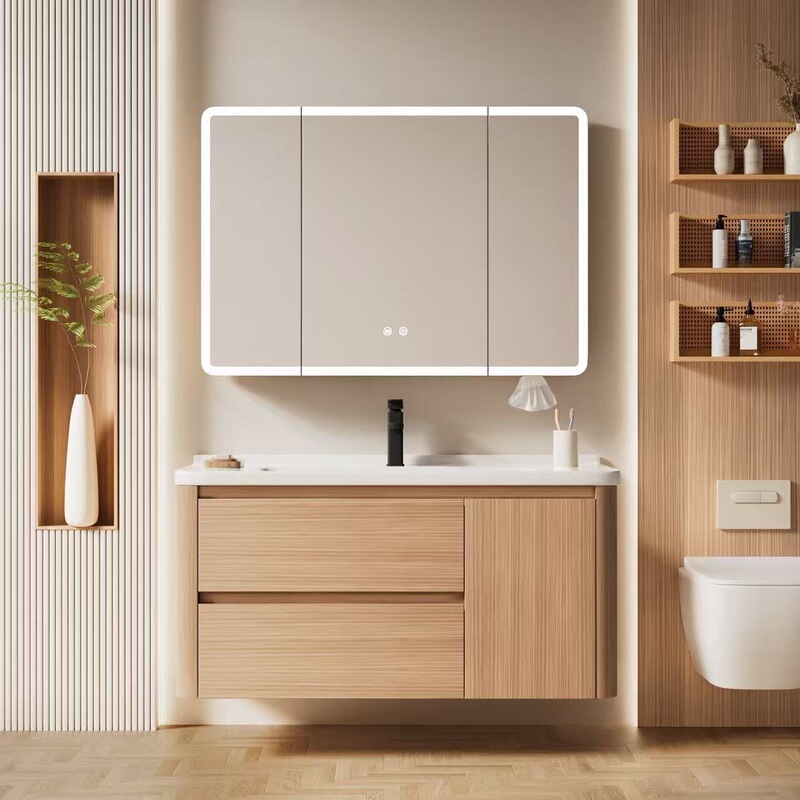 Natural Wood Style, Natural Wood Color, Rounded Corner Large Drawer Bathroom Cabinet with Integrated Ceramic Washbasin Vanity Unit Natural Wood Style, Natural Wood Color, Rounded Corner Large Drawer Bathroom Cabinet with Integrated Ceramic Washbasin Vanity Unit