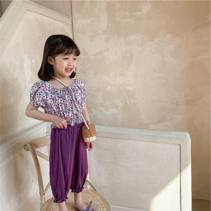 女童套装碎花一字肩短款上衣加九分裤21夏装新款外贸童装代发|ms