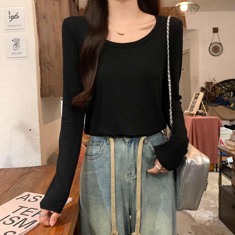 春秋长袖纯棉打底衫女2025新款修身基础款低圆领内搭正肩t恤上衣|undefined
