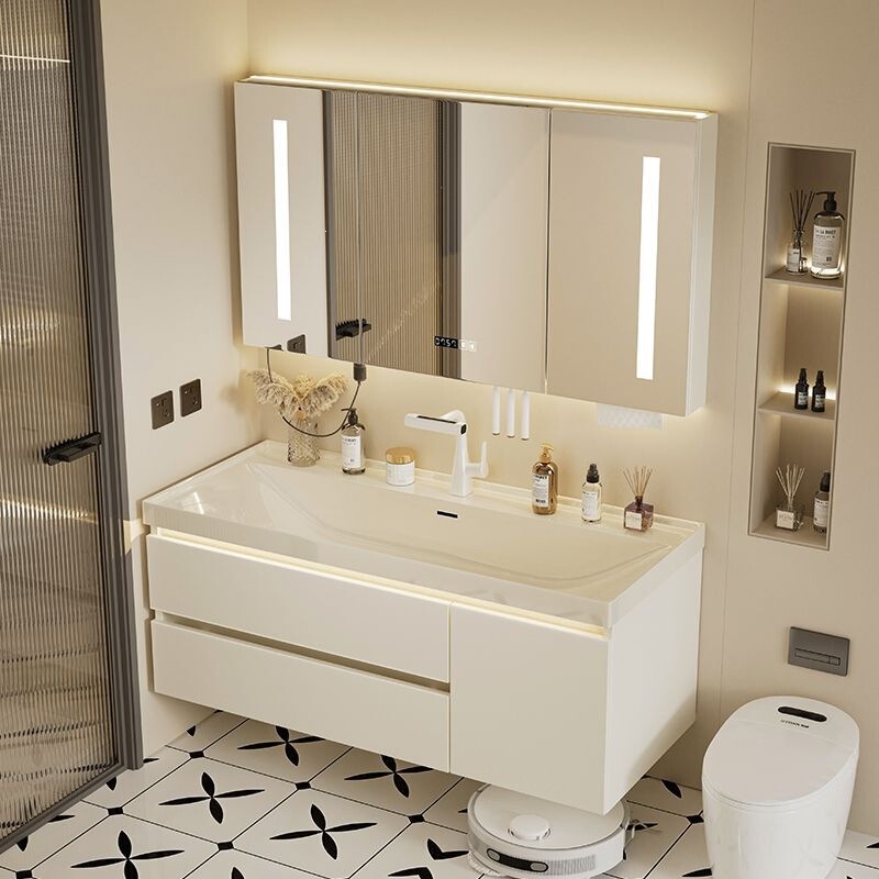 Gold-Plated Stone Integrated Basin Bathroom Cabinet Washbasin Cabinet Set Bathroom Vanity Countertop Mirror Cream Style Minimalist Gold-Plated Stone Integrated Basin Bathroom Cabinet Washbasin Cabinet Set Bathroom Vanity Countertop Mirror Cream Style Minimalist