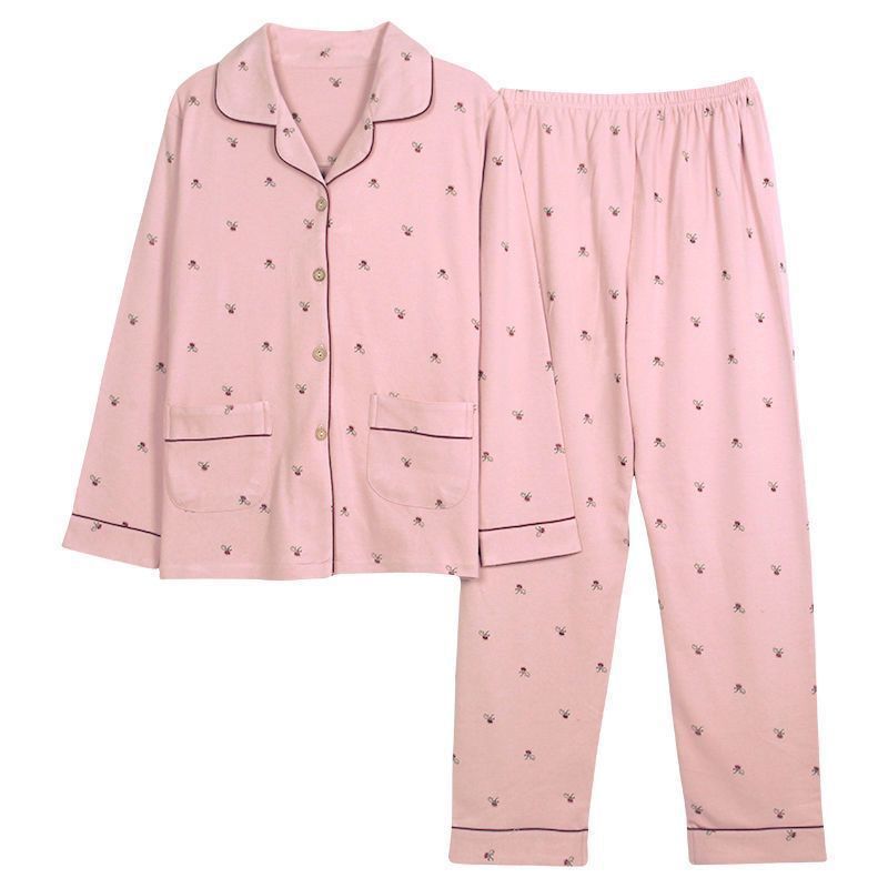Pijama de algodón 100% de primavera y otoño de las mujeres de manga larga de mediana edad mamá cardigan más tamaño de mediana edad y ancianos traje de desgaste para el hogar