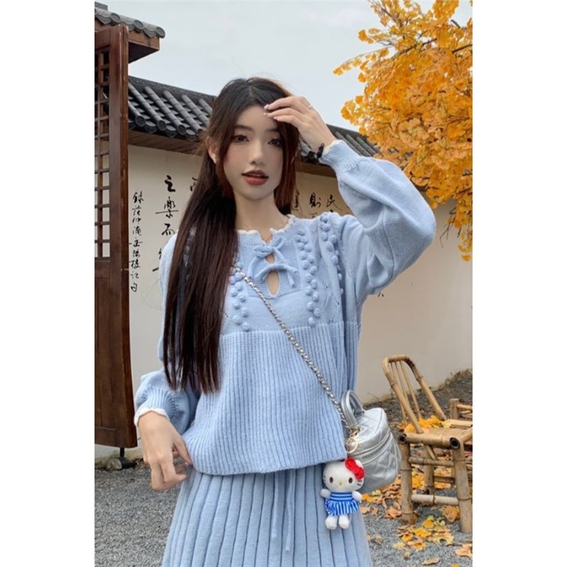 秋冬韩系木耳边立体刺绣坑条纹长袖针织衫+高腰A字半身裙两件套装