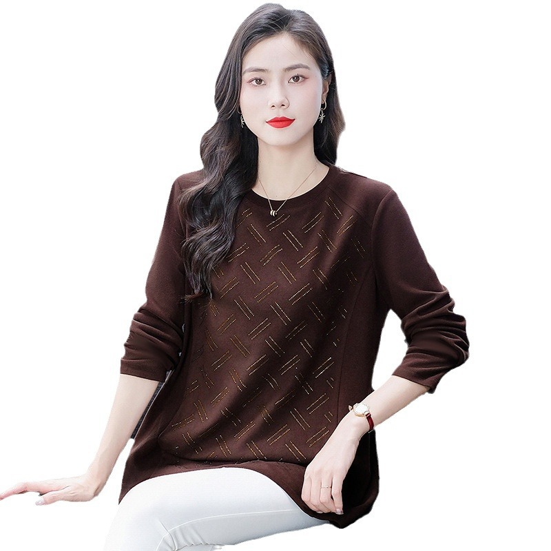 Autumn and Winter slimming loose elastic light mature jacquard brushed long-sleeved bottoming shirt T-shirt top middle-aged and elderly women's clothing