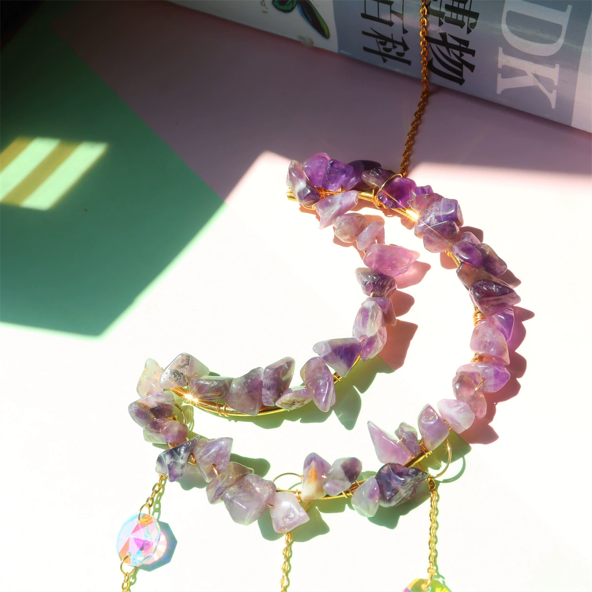 Moon & Star crystal suncatcher, natural gem chips, AB prism drops