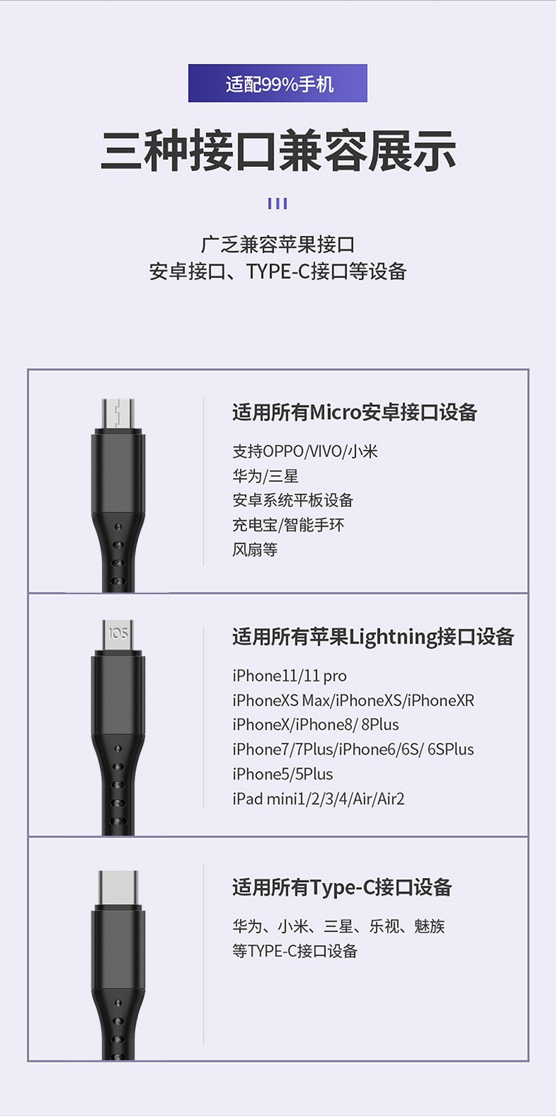Veri Kablosu Üçü Bir Arada 66W Dokulu Hızlı Şarj Kablosu Apple Huawei Type-C İçin Üç Başlı Şarj Kablosu