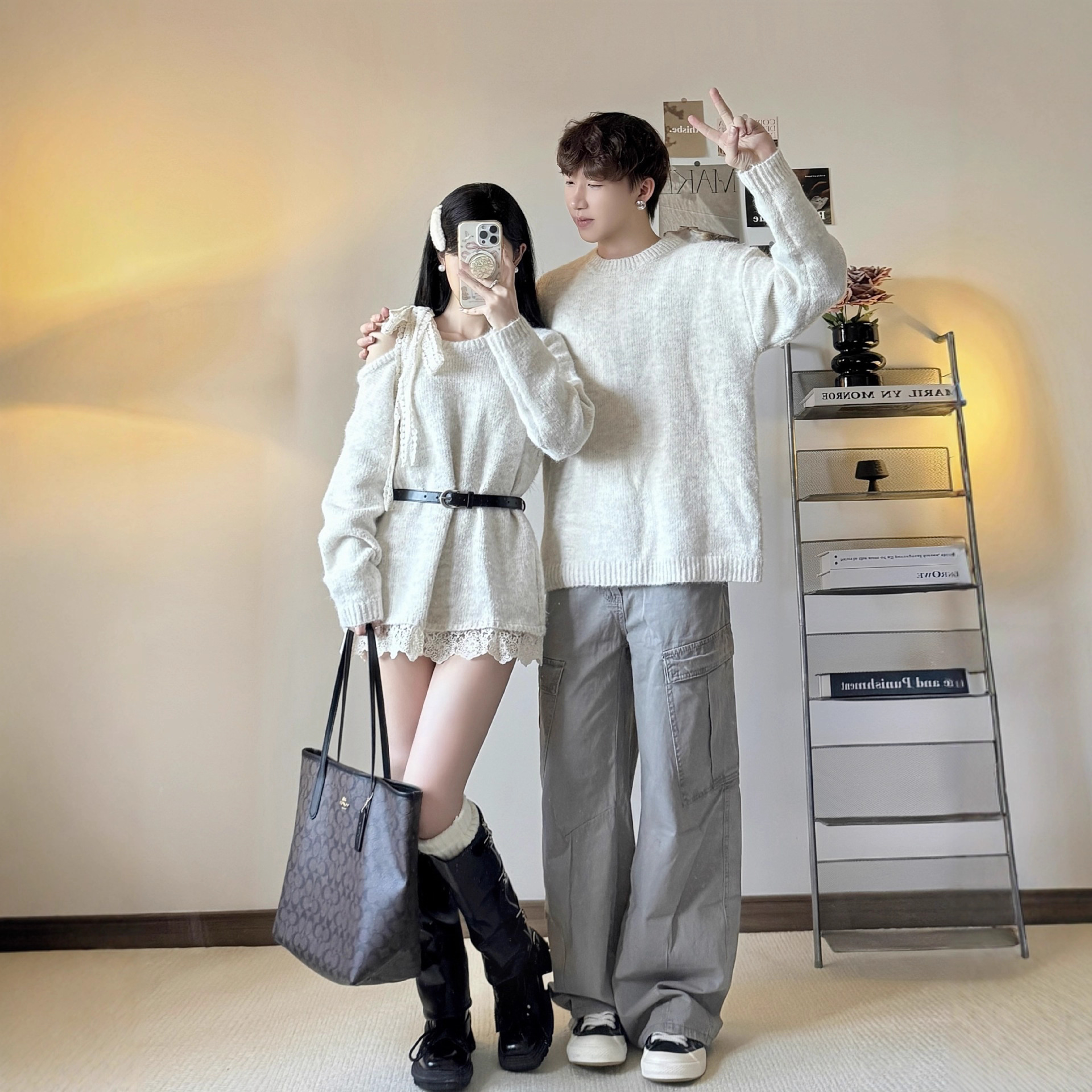 Lazy Style Couple Wear Autumn and Winter Women's Sweater Off-Shoulder Lace Waist Skirt Men's Pullover Long-Sleeved Knitted Top Trendy