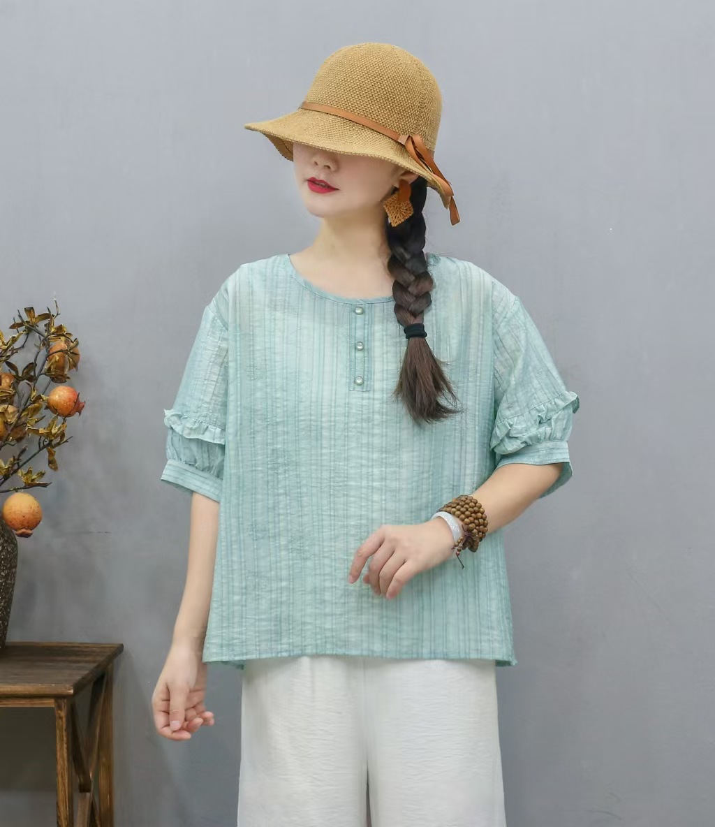 Transfronterizo 2025 primavera y verano nuevo estilo chino de ropa de mujer camiseta estampada mangas de linterna camiseta de mujer collar redondo literatura y arte image 13