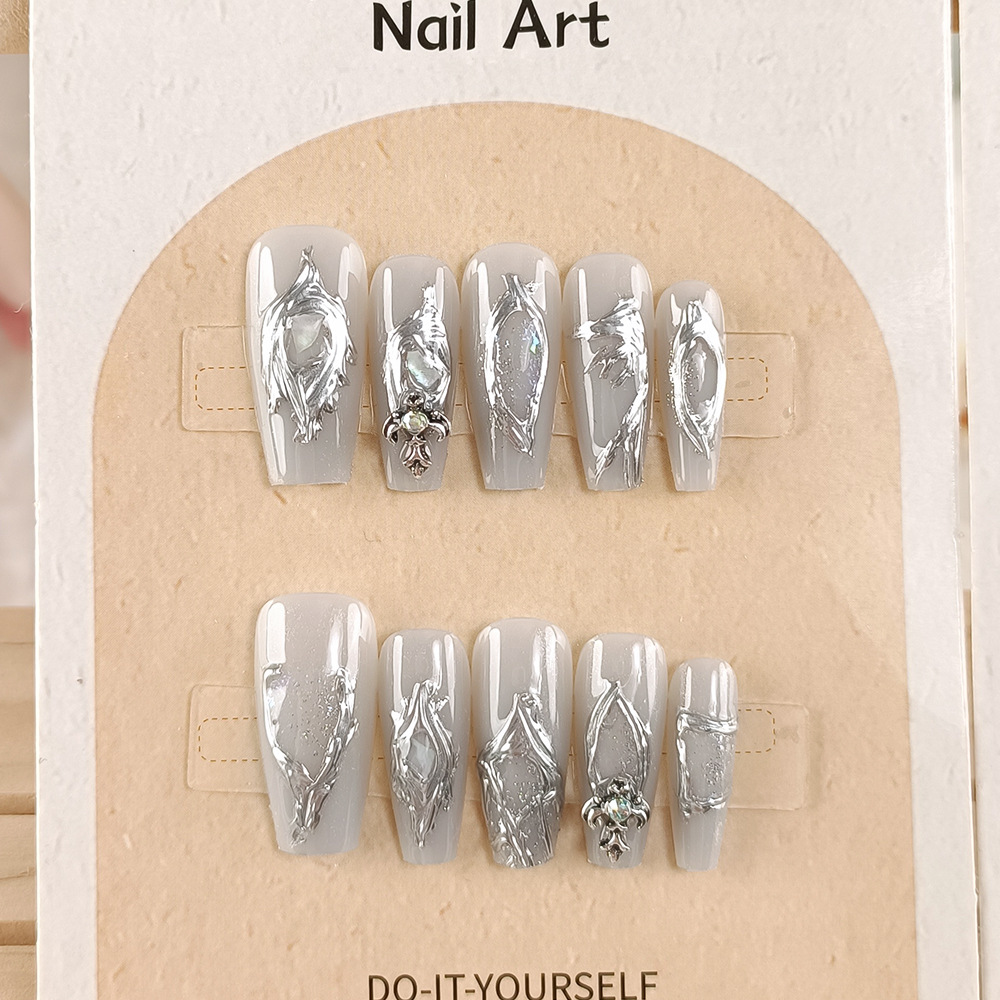 10 piezas decodificadas plata en relieve de manicuría de uñas de barco de martillo taladro parche de uñas de polvo brillante de fototerapia hecha a mano con uñas