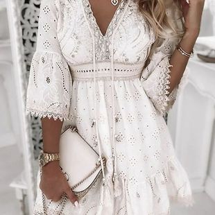 European and American Cross-Border Export Women's New Amazon Wish Hot-Selling V Neck White Embroidered Dress [Ready in Stock]