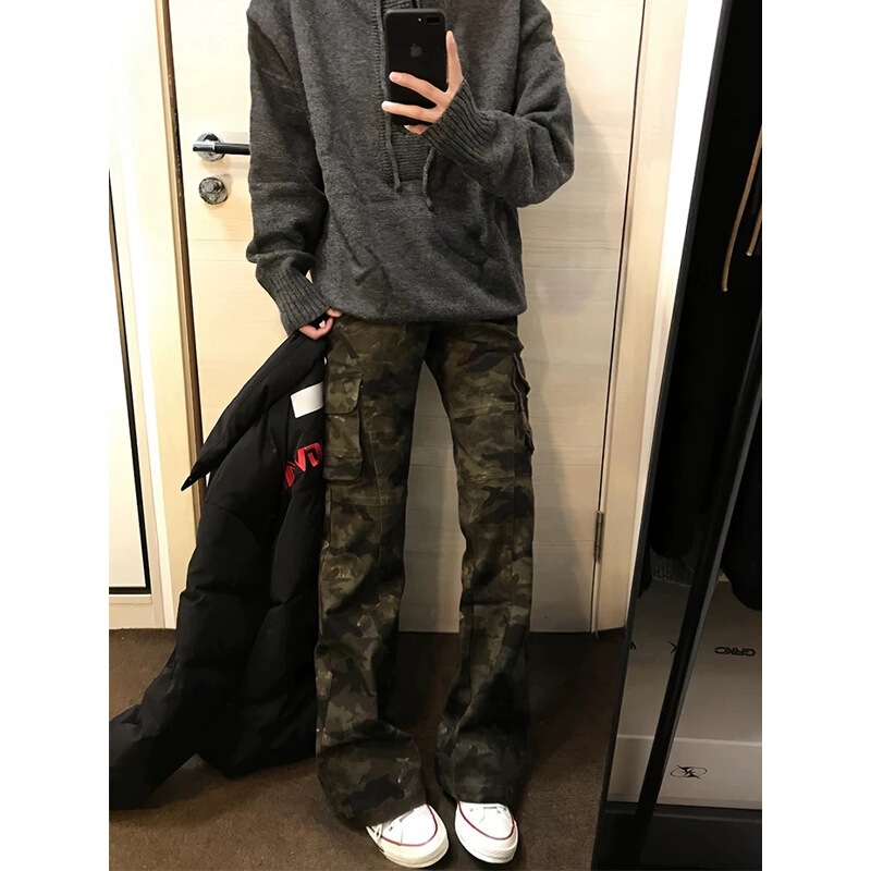 American Retro Camouflage Flared Work Pants for Men, Autumn Vibe Pants, a Complete Set of Cleanfit Slim-Fit Jeans