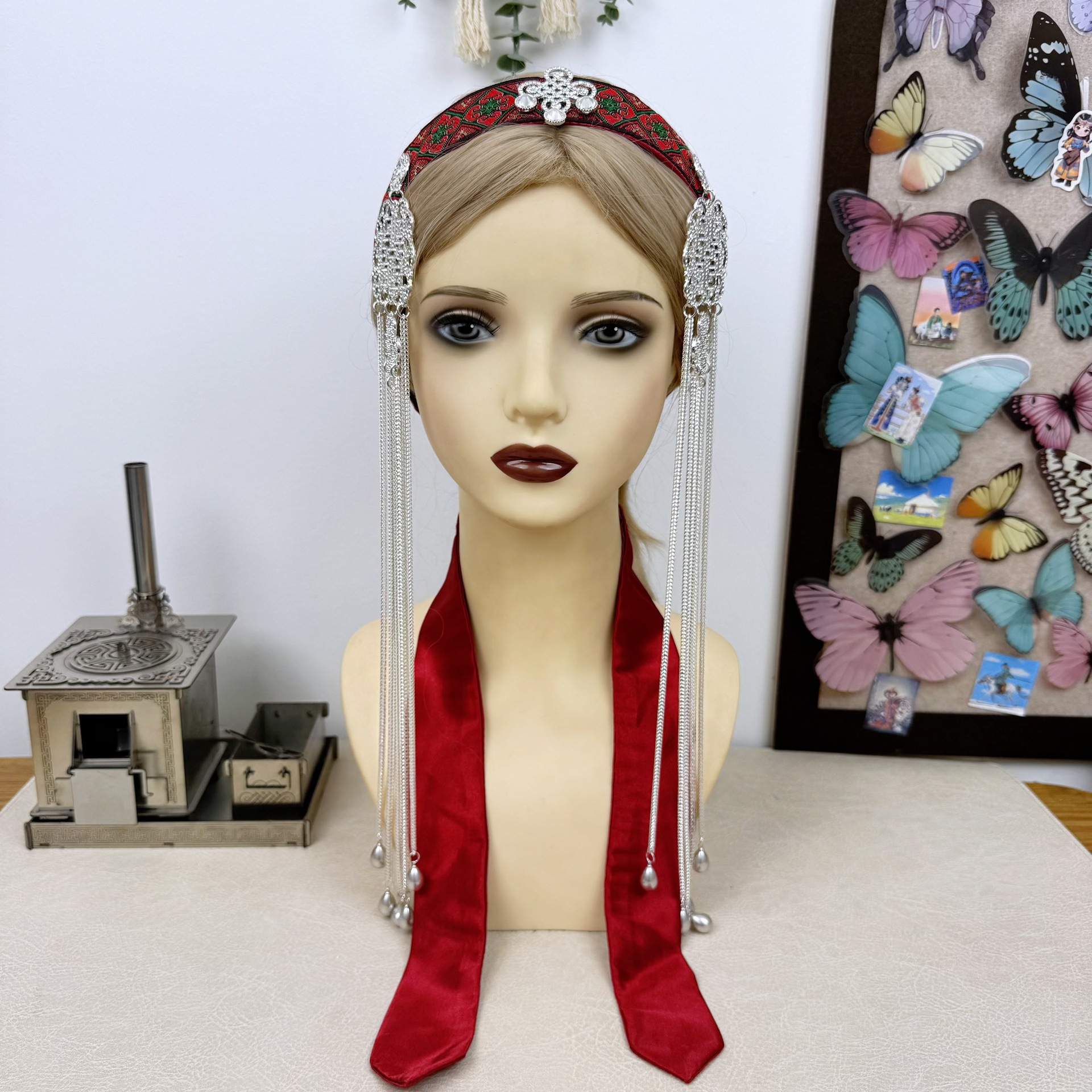 Original Mongolian Ethnic Style Silver Chain Tassel Embroidered Headband Retro Silks and Satins Headdress Stage Performance Headwear