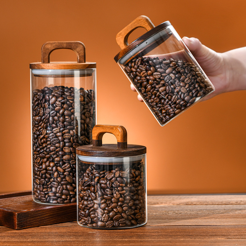 アメリカンハンドル蓋付きコーヒージャー、レトロな食品ディスプレイ収納ジャー、ガラス保存ジャー、防湿密封ガラスジャー|undefined