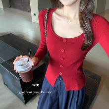 东莞毛织批发早秋新款法式修身显瘦打底衫上衣方领正肩内搭针织衫