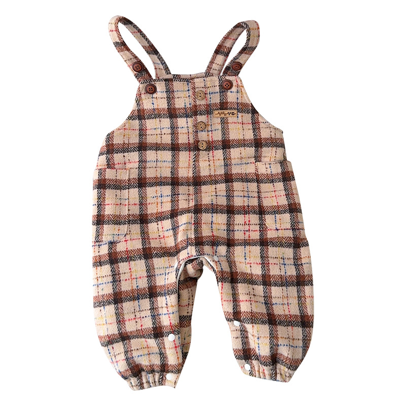 2024 invierno nuevo bebé Maillard plaid traje de estilo occidental engrosado, cálido y cómodo mono suave traje de dos piezas