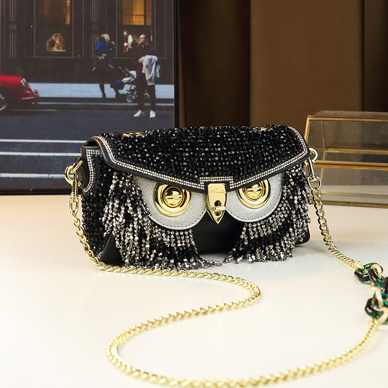 Borsa a mano da donna a forma di gufo con strass e nappe, resistente, a tracolla, piccola borsa quadrata, lusso di nicchia accessibile_voghion.com