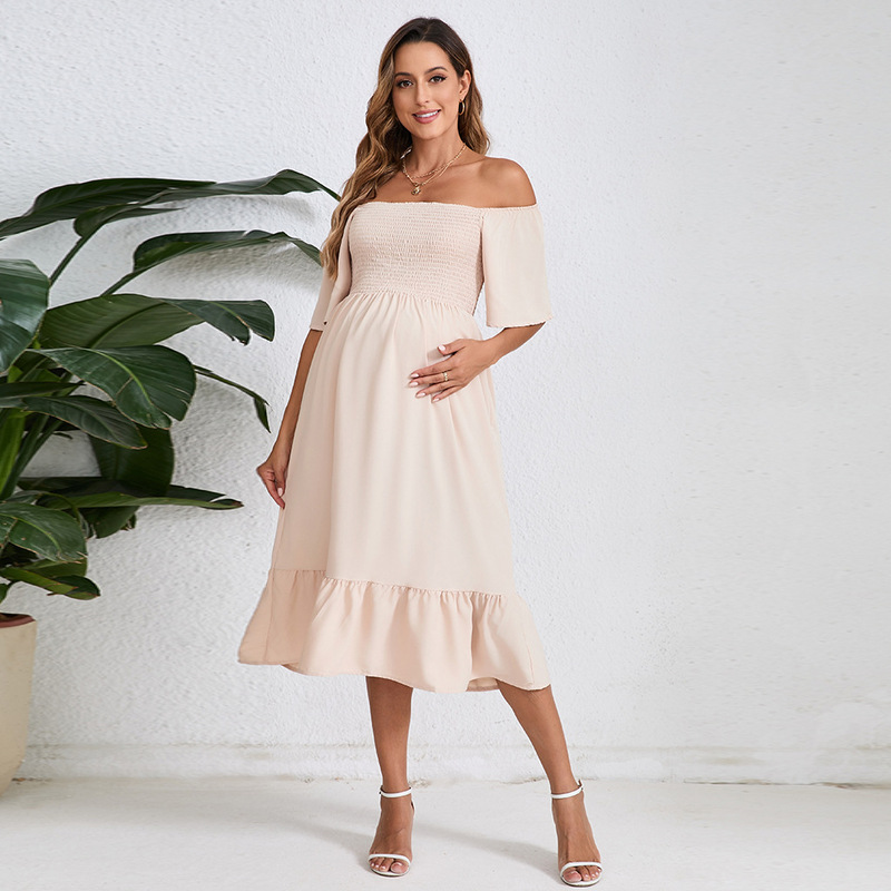 2025 Amazon Tume Summer Cross-Border European and American Clothing Pure Color Chiffon Maternity Dress Short-Sleeved Chiffon Skirt